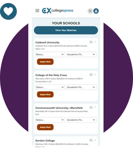 Mobile view of a saved college list on CollegeXpress, showing school names, tuition, and application options